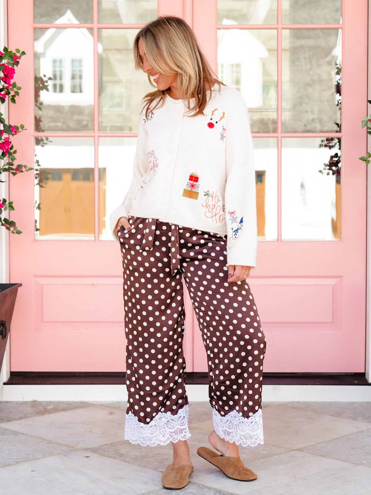 Holiday Embroidered Roll Edge Button Down Cardigan