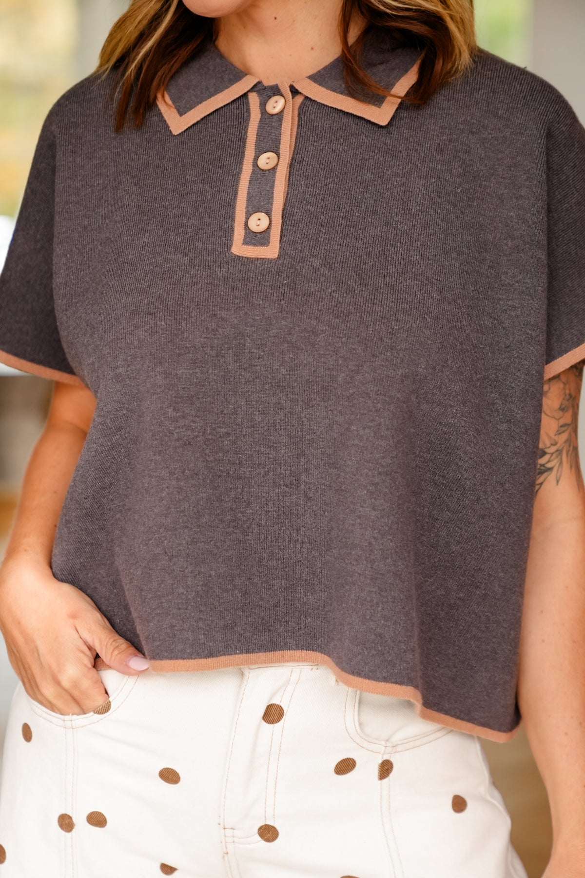 Short Sleeve Half Button Down Top - Freckled Poppy