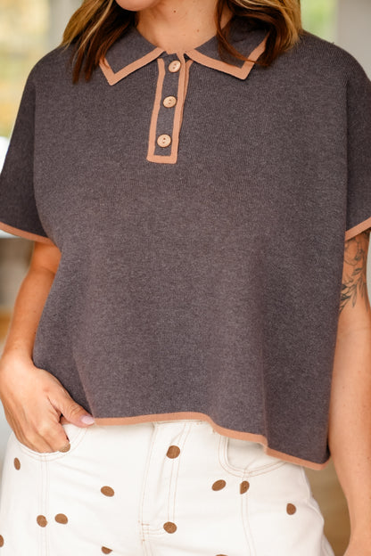 Short Sleeve Half Button Down Top - Freckled Poppy