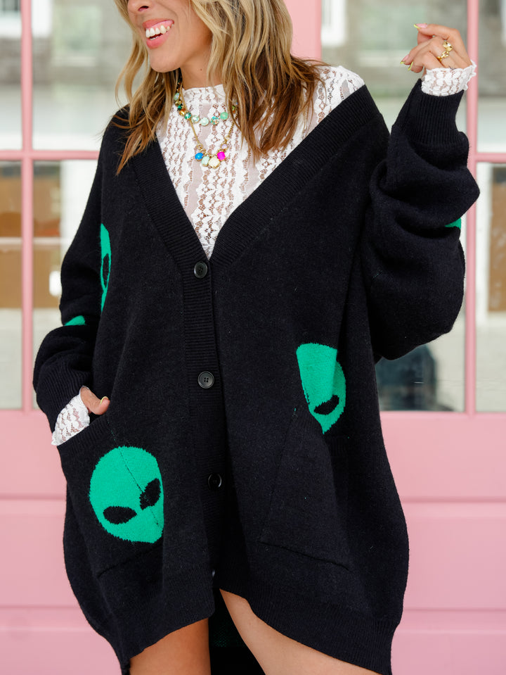 Alien Pattern Long Sleeve Button Down Cardigan - Freckled Poppy