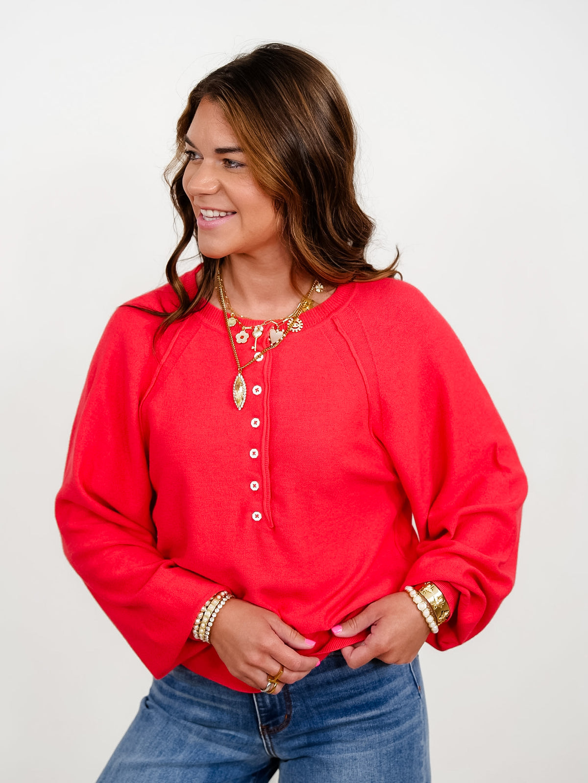 Long Sleeve Half Button Pullover Sweater - Freckled Poppy