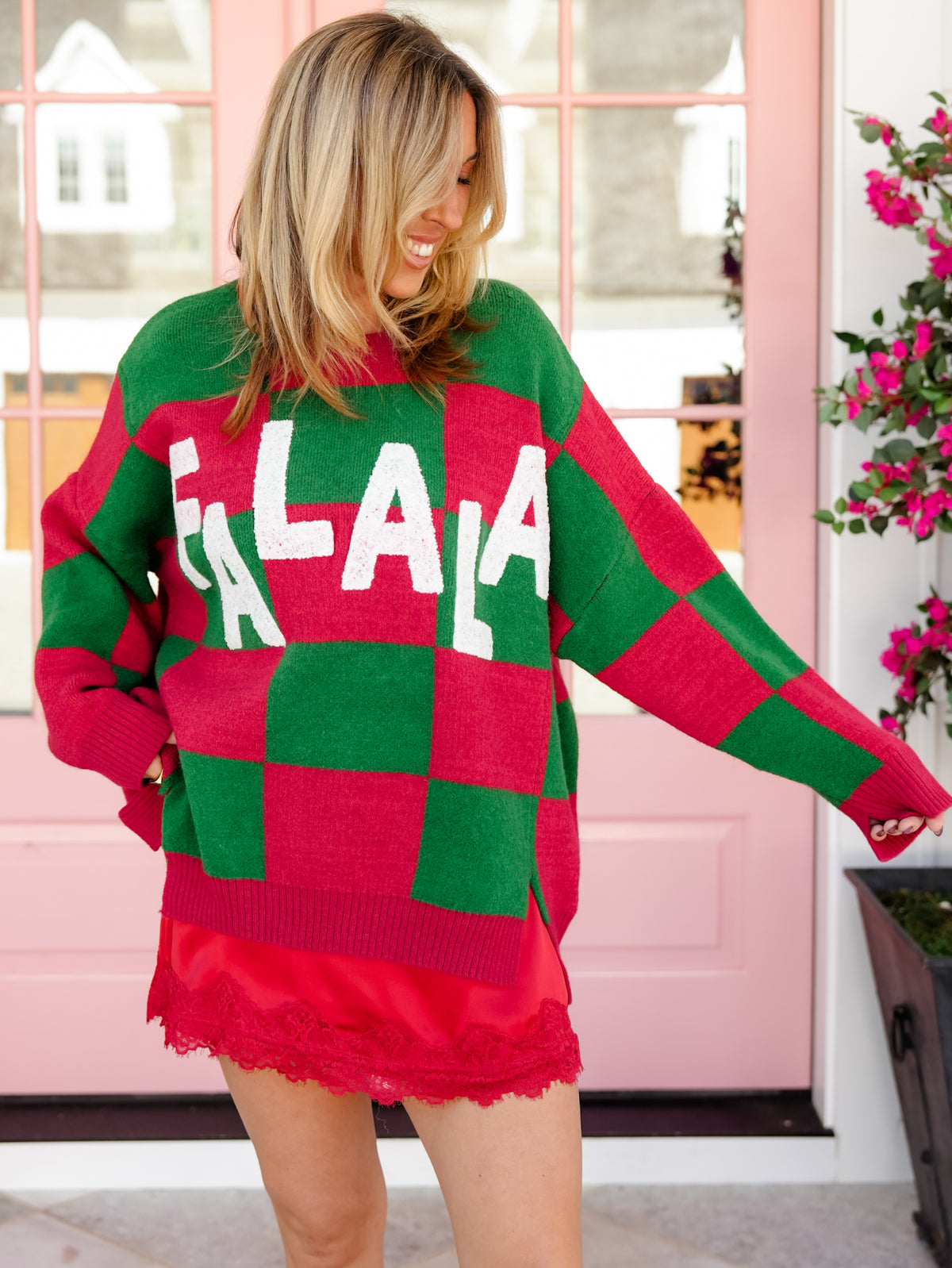 Restock! Plus/Reg Checkered Long Sleeve "Fa La La" Knit Sweater