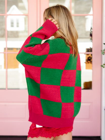 Restock! Plus/Reg Checkered Long Sleeve "Fa La La" Knit Sweater