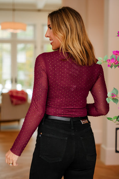 Mesh Long Sleeve Mock Neck Top with Crystals - Freckled Poppy