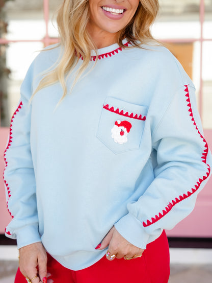Blanket Stitch Trim Long Sleeve Sweatshirt with Santa Pocket