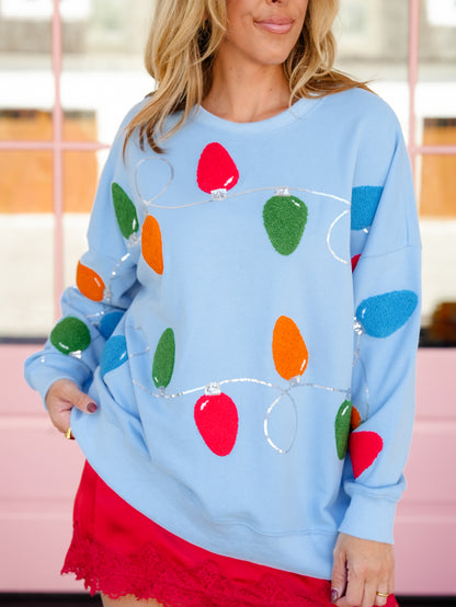 Embroidered and Sequin Christmas Lights Long Sleeve Sweatshirt