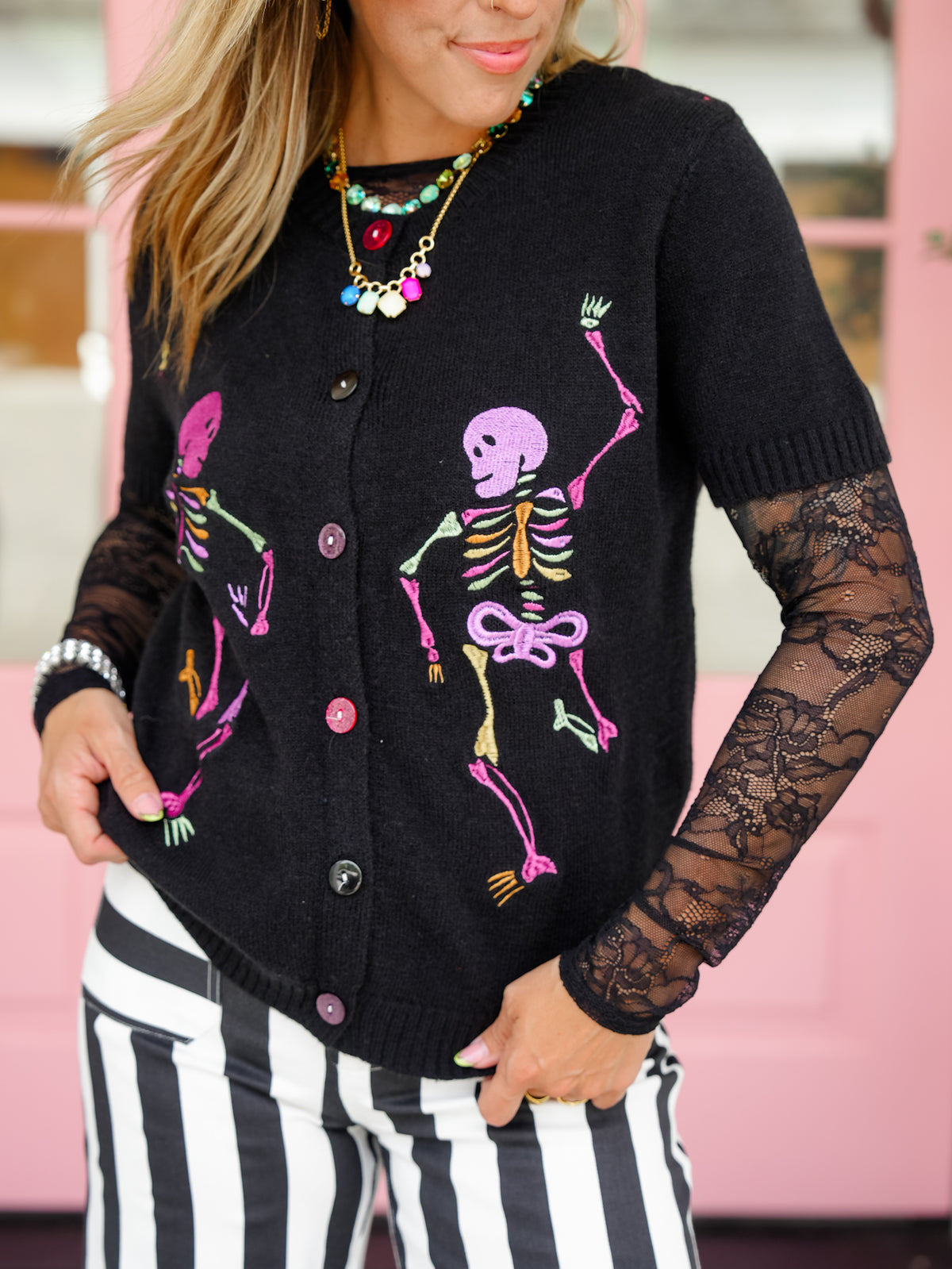 Dancing Skeletons Short Sleeve Button Down Cardigan - Freckled Poppy