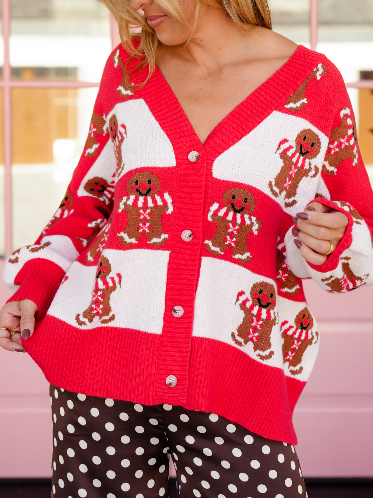Color Block Stripe & Gingerbread V-Neck Button Down Cardigan
