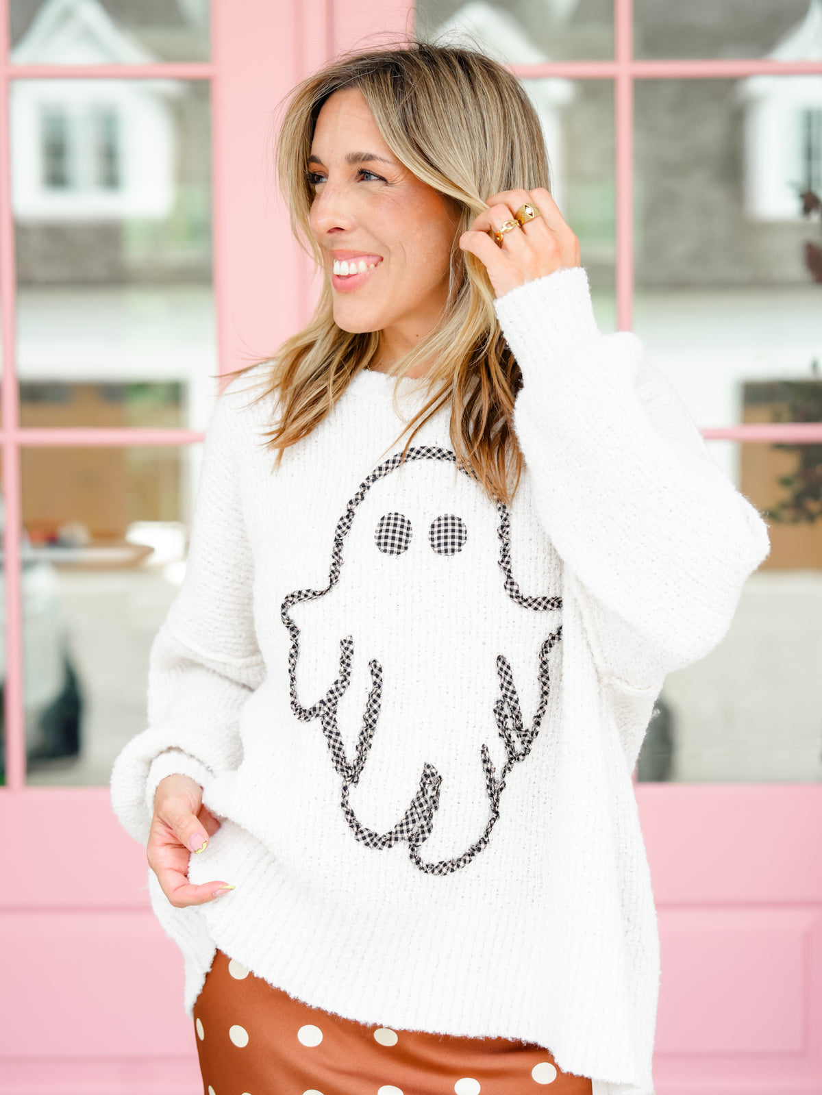 Gingham Embroidered Ghost Soft Sweater - Freckled Poppy