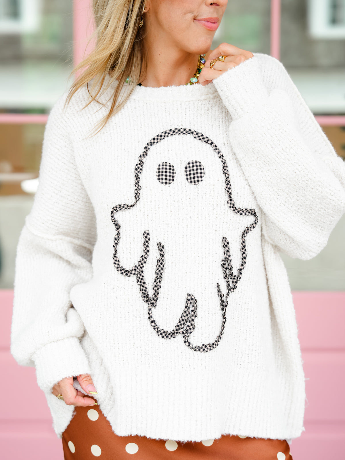Gingham Embroidered Ghost Soft Sweater - Freckled Poppy