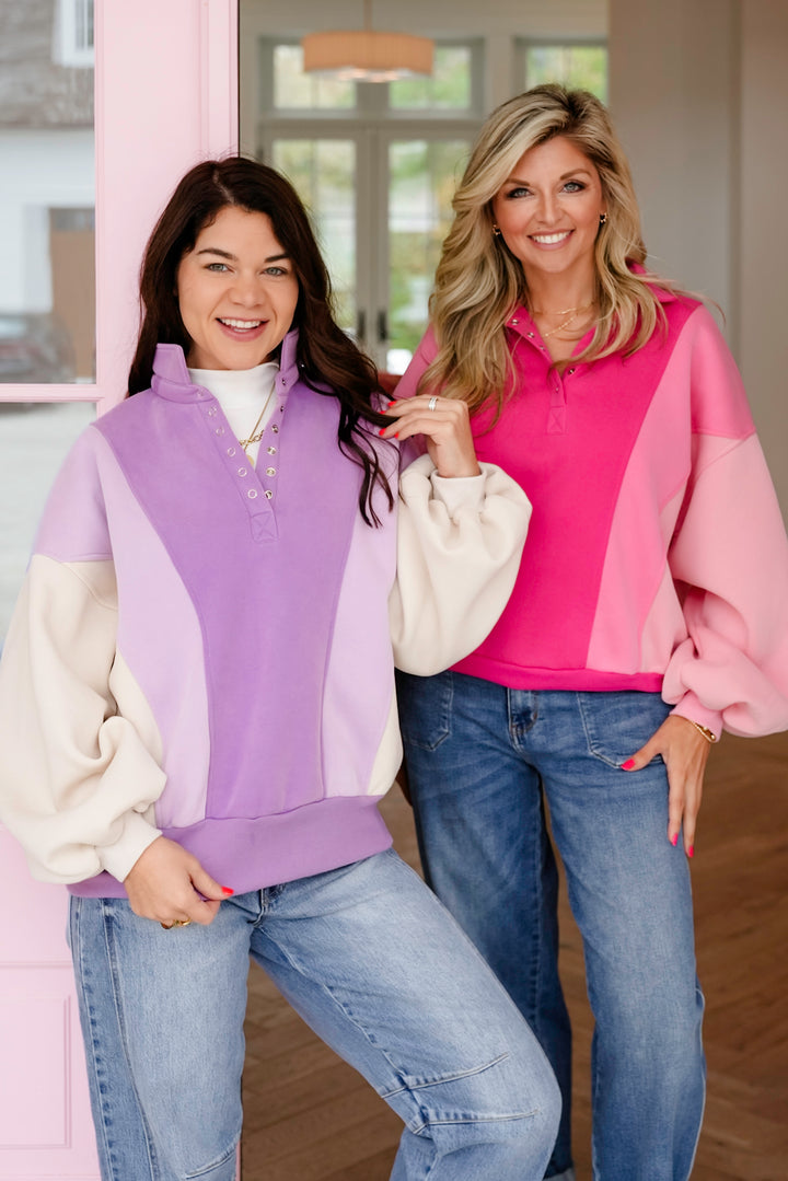 Color Block Long Sleeve Half Button Up Sweatshirt - Freckled Poppy