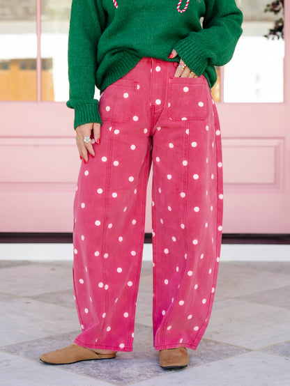 Polka Dot Twill Barrel Leg Pants With Pockets - Freckled Poppy
