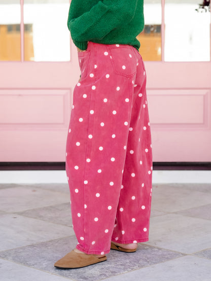 Polka Dot Twill Barrel Leg Pants With Pockets - Freckled Poppy