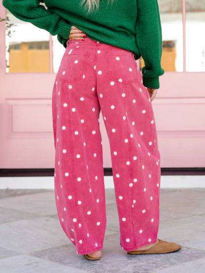 Polka Dot Twill Barrel Leg Pants With Pockets - Freckled Poppy