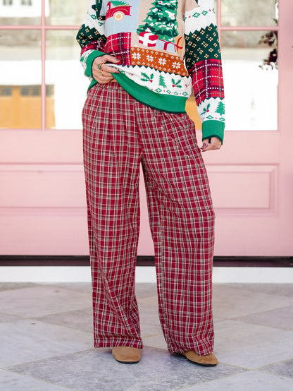 Plaid Elastic Waist Pants with Side Pockets