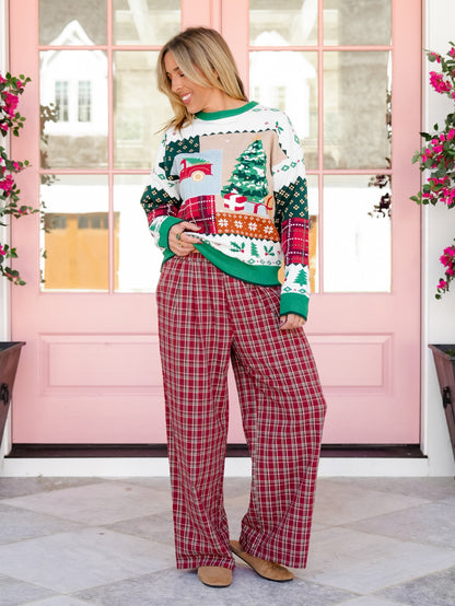 Plaid Elastic Waist Pants with Side Pockets