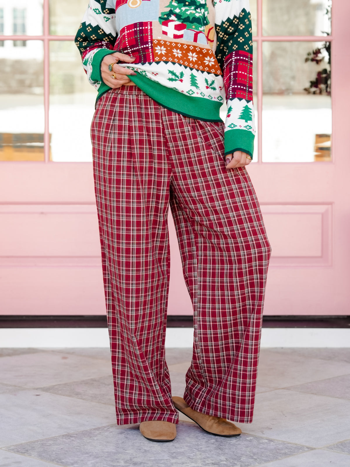 Plaid Elastic Waist Pants with Side Pockets