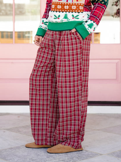 Plaid Elastic Waist Pants with Side Pockets