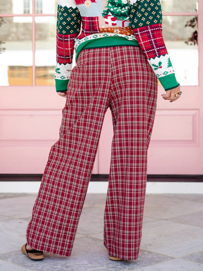 Plaid Elastic Waist Pants with Side Pockets