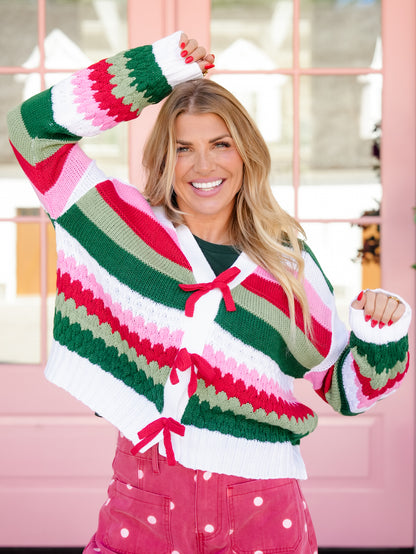 Multi Color Stripe Ribbon Tie Cardigan Sweater
