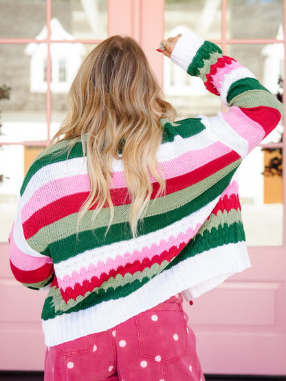 Multi Color Stripe Ribbon Tie Cardigan Sweater