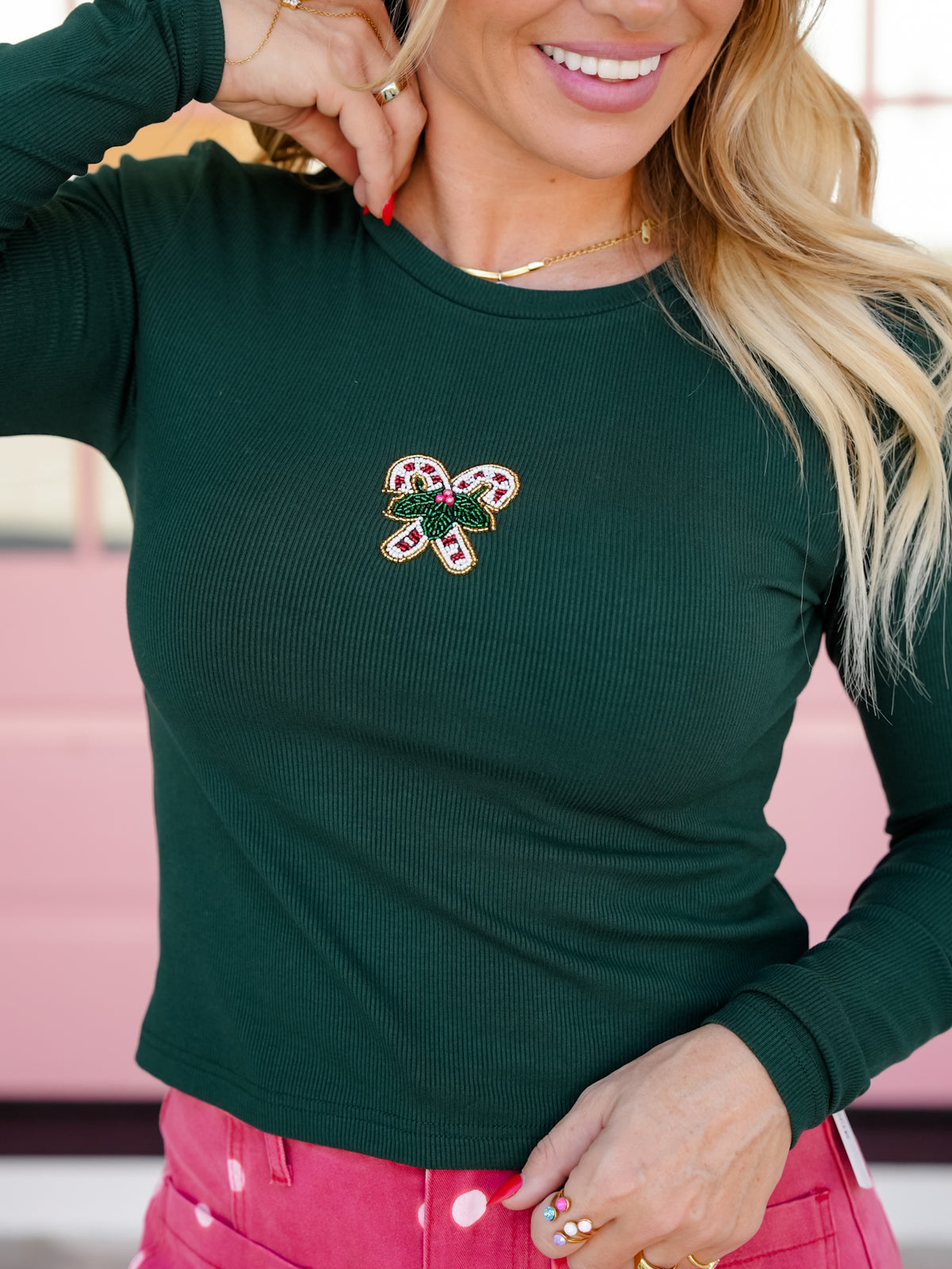 Beaded Candy Cane Long Sleeve Ribbed Knit Top