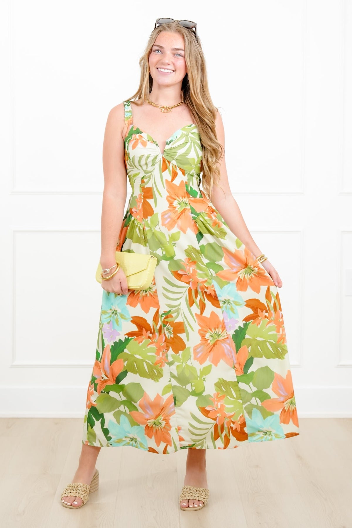 Tropical Print Sleeveless Midi Dress - Freckled Poppy