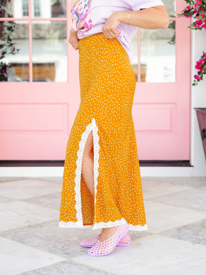 Polka Dot Lace Trim Maxi Skirt with Side Slit - Freckled Poppy
