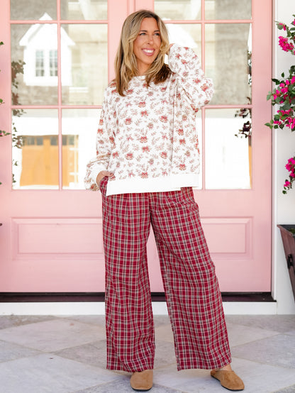 Holiday Bells & Bows Print Long Sleeve Sweatshirt - Freckled Poppy