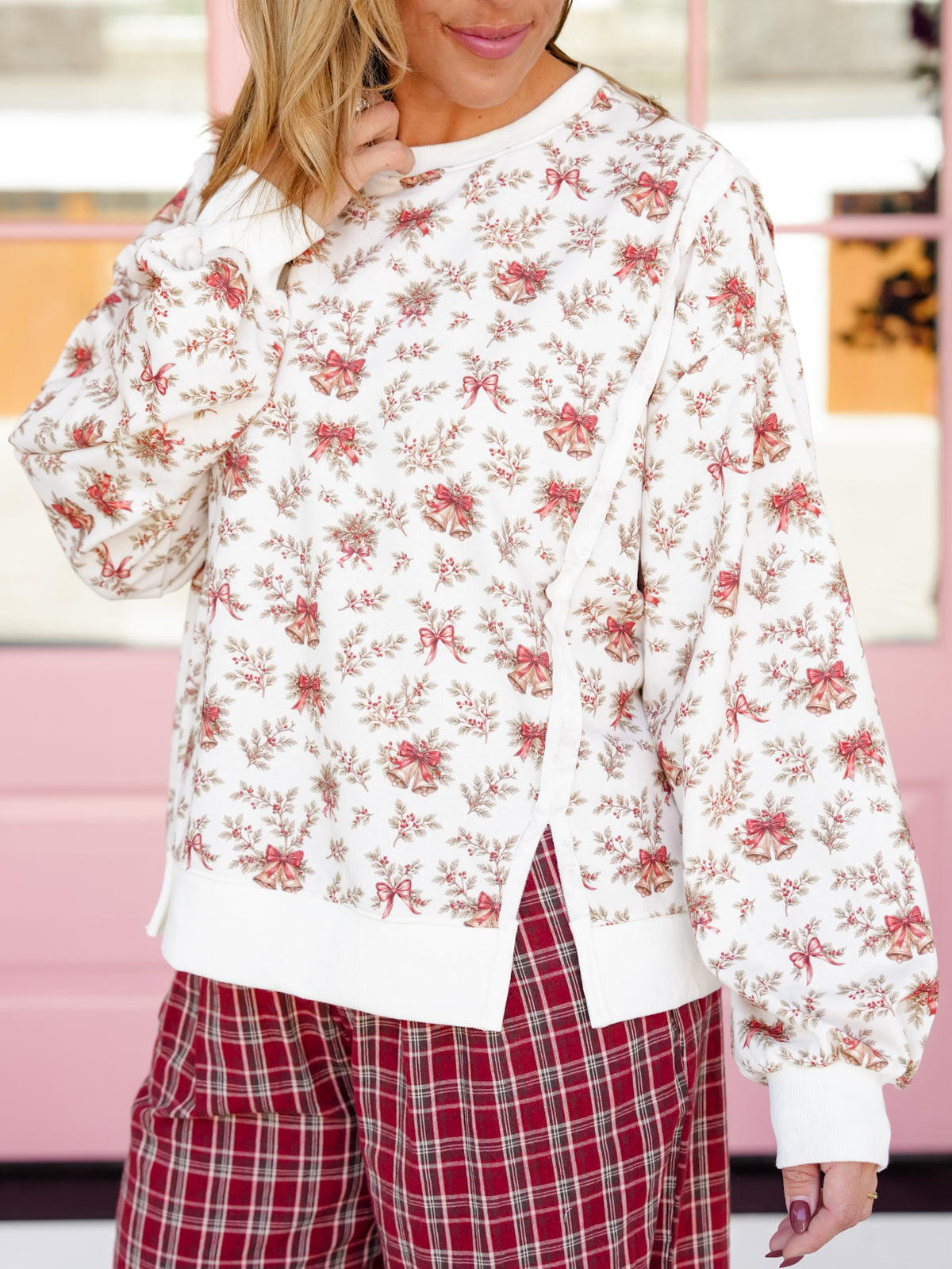 Holiday Bells & Bows Print Long Sleeve Sweatshirt - Freckled Poppy
