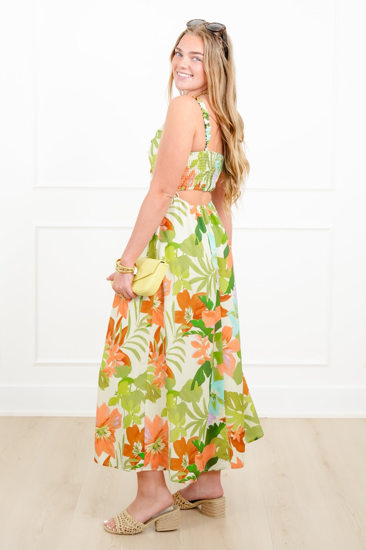 Tropical Print Sleeveless Midi Dress - Freckled Poppy