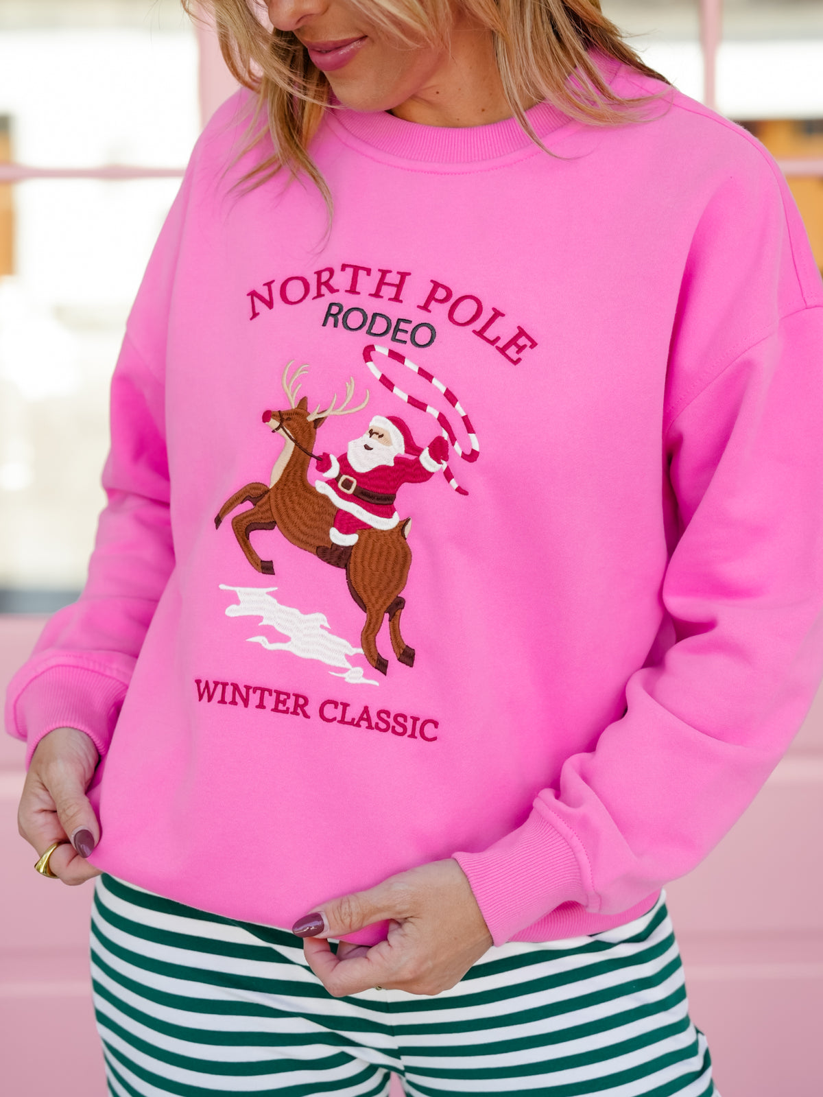 Embroidered "North Pole Rodeo" Long Sleeve Crew Neck Sweatshirt