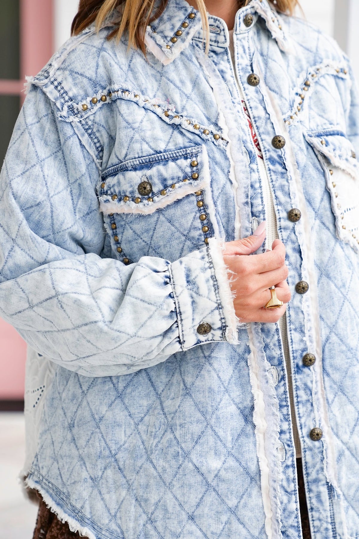 POL Light Wash Long Sleeve Button Up Jacket - Freckled Poppy