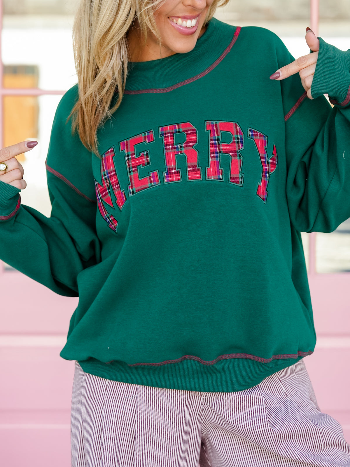 Merry Plaid Patch Long Sleeve Mock Neck Sweatshirt