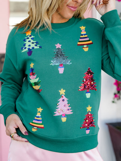 Long Sleeve Round Neck Sweatshirt with Sequin Christmas Tree