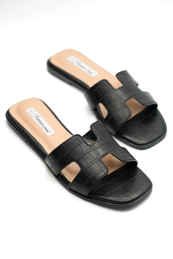Embossed Crocodile Pattern Flat Slide - Freckled Poppy