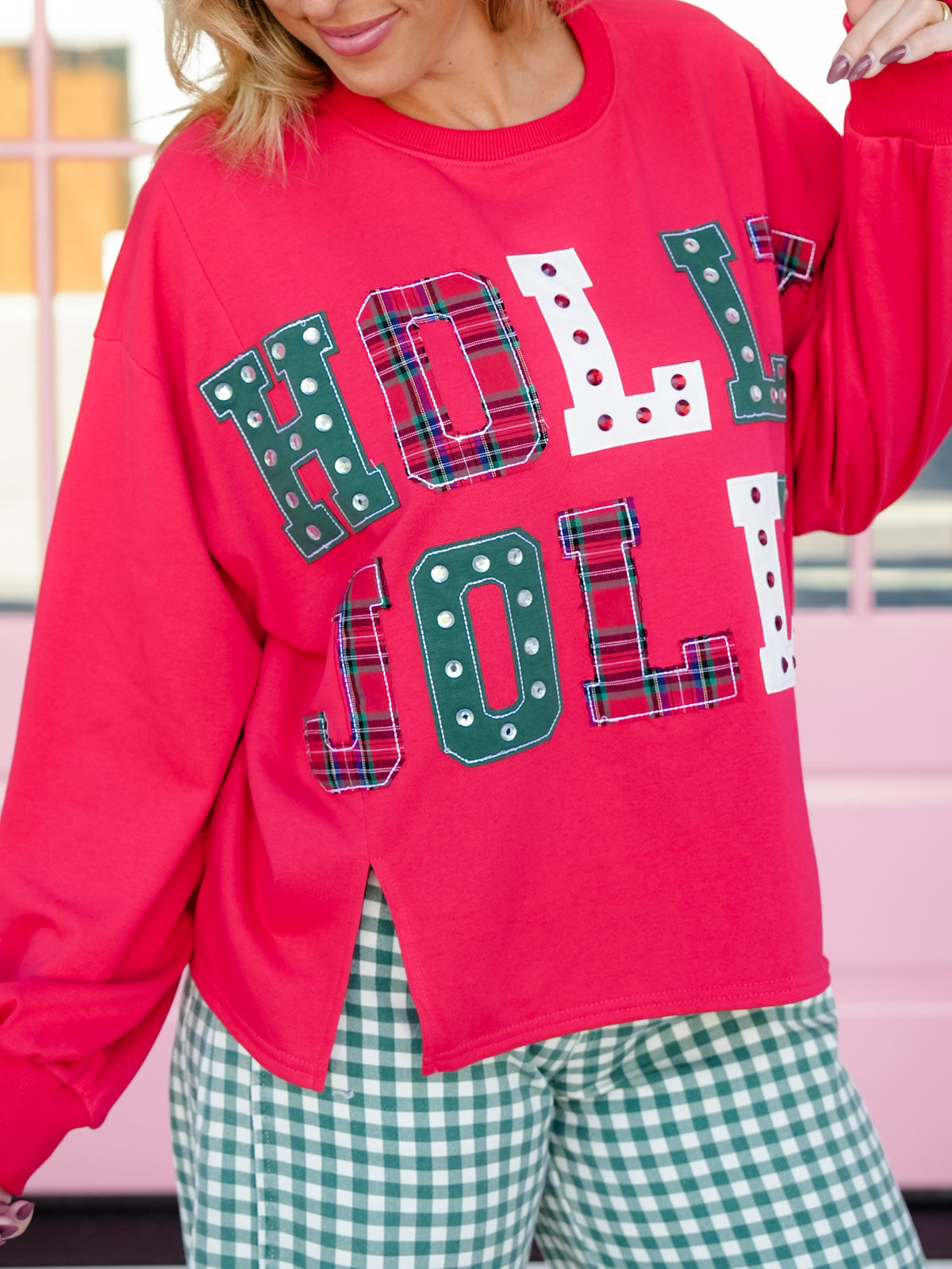Holly Jolly Patchwork Graphic Long Sleeve Sweatshirt