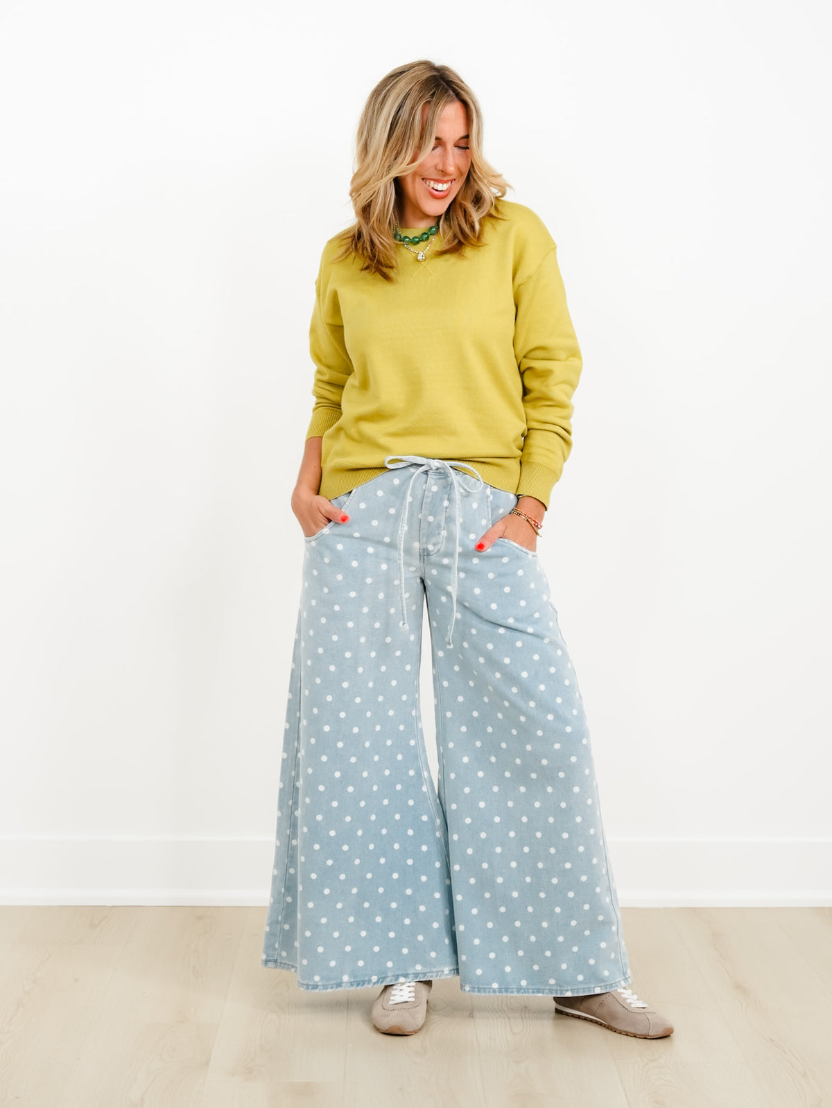 Light Wash Polka Dot Extra Wide Leg Pants - Freckled Poppy