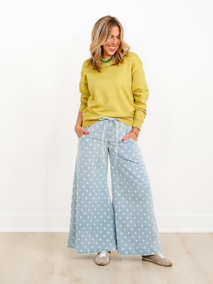 Light Wash Polka Dot Extra Wide Leg Pants - Freckled Poppy
