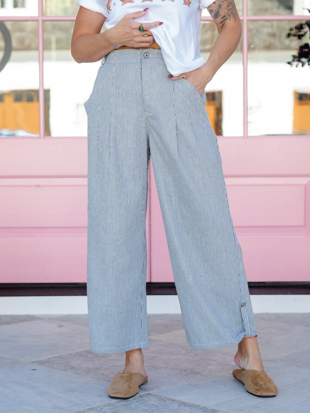 Stripe Wide Leg Pants With Pockets - Freckled Poppy