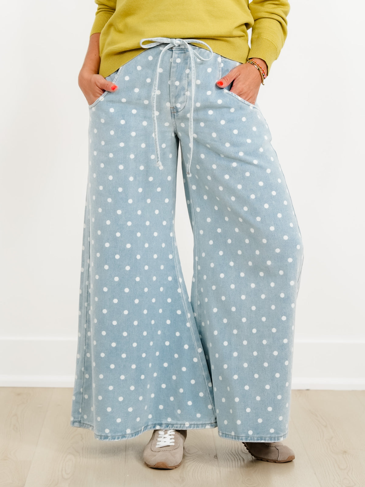 Light Wash Polka Dot Extra Wide Leg Pants - Freckled Poppy