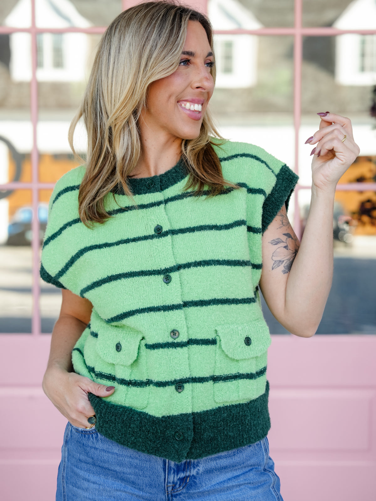 Stripe Button Down Sweater Vest with Pockets