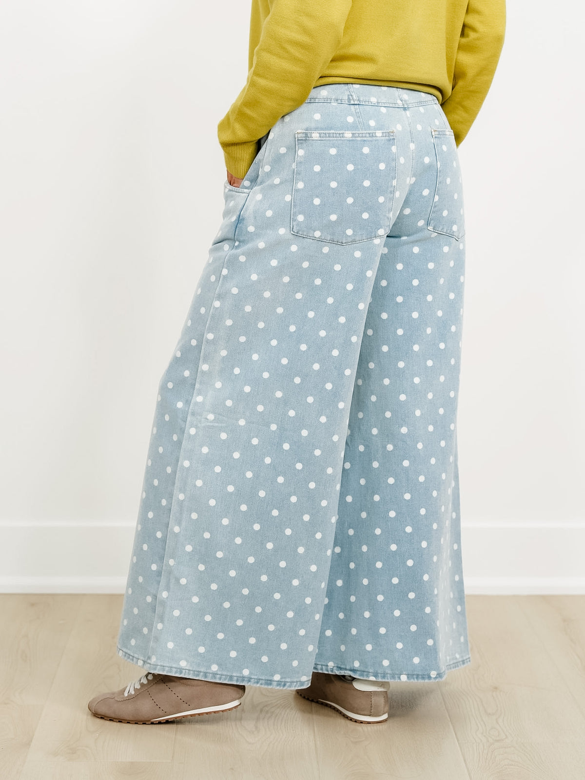 Light Wash Polka Dot Extra Wide Leg Pants - Freckled Poppy
