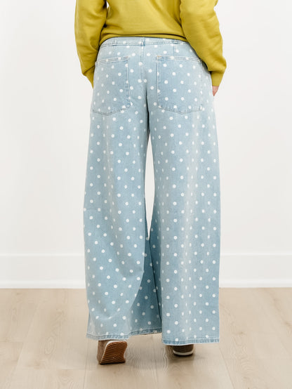 Light Wash Polka Dot Extra Wide Leg Pants - Freckled Poppy