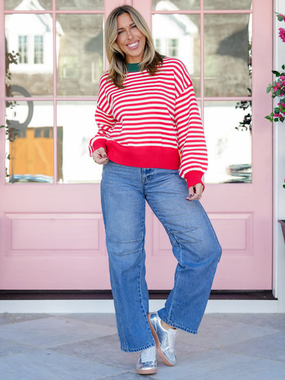 Crew Neck Striped Long Sleeve Sweater