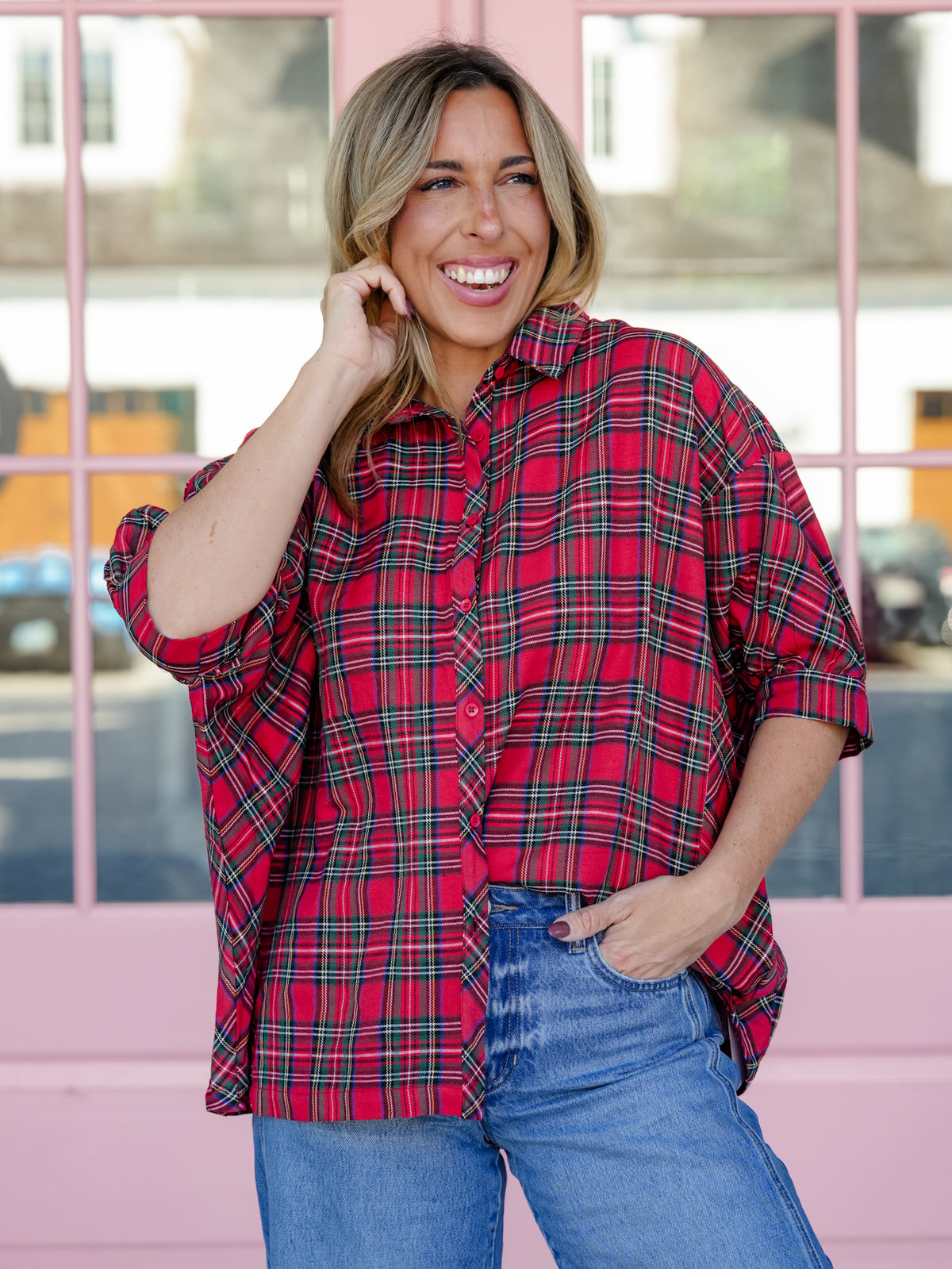 Plus/Reg Plaid Short Sleeve Button Down Top