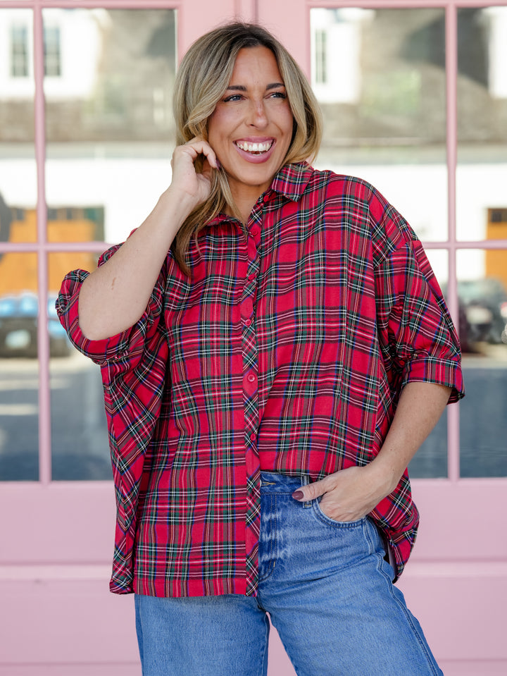 Plus/Reg Plaid Short Sleeve Button Down Top - Freckled Poppy