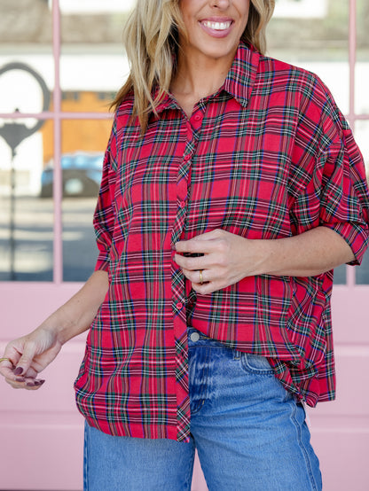 Plus/Reg Plaid Short Sleeve Button Down Top