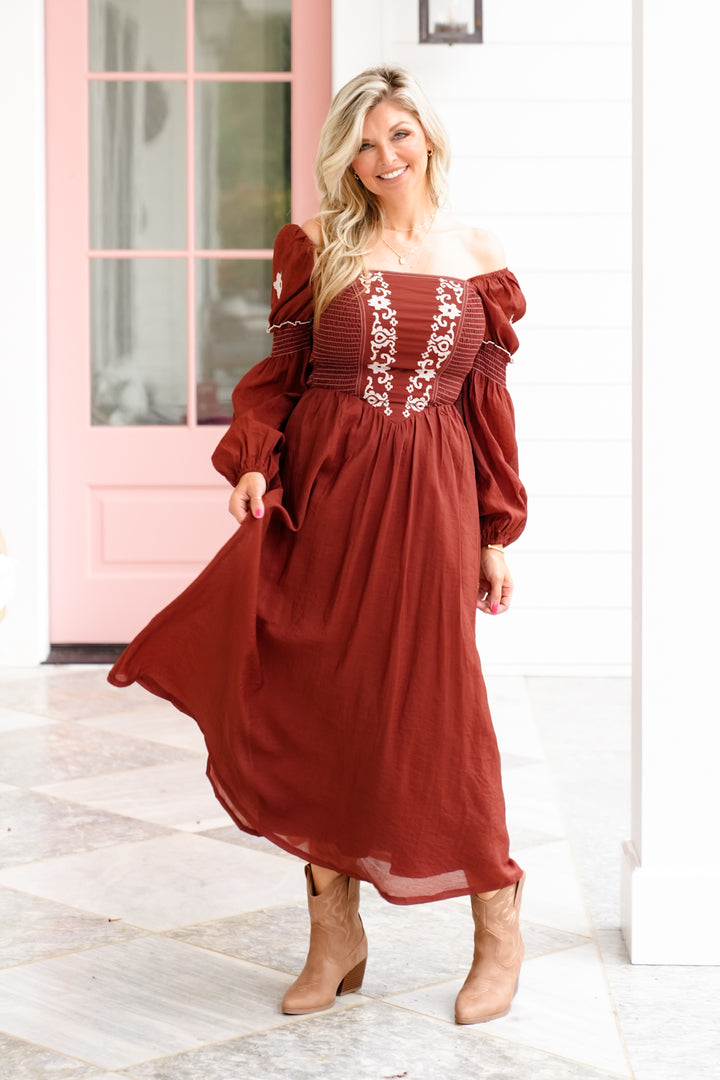 Long Puff Sleeve Square Neck Maxi Dress with Embroidered - Freckled Poppy