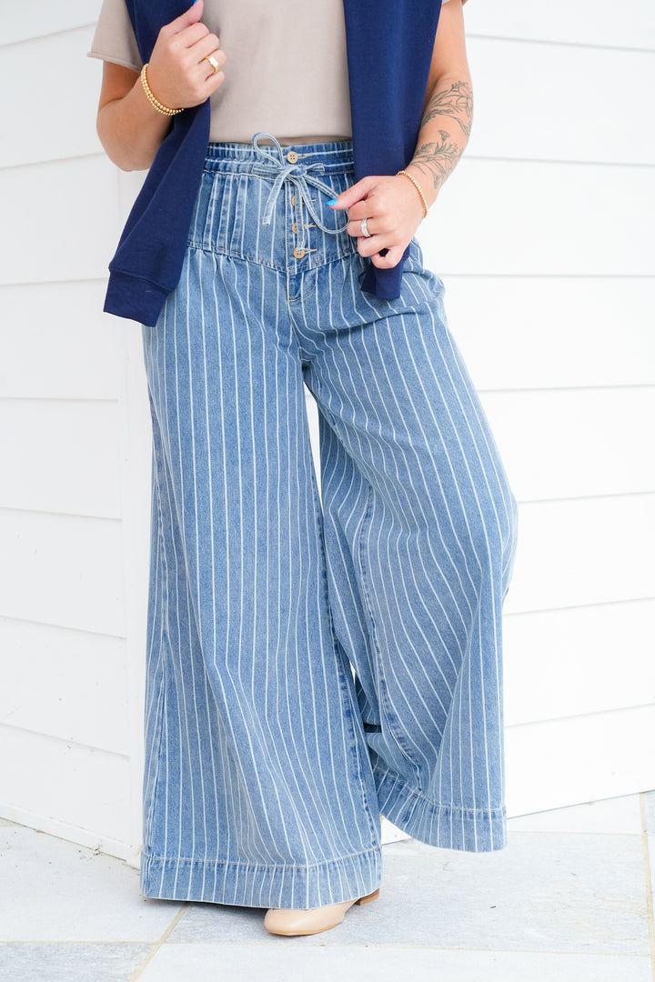 Stripe Denim Button Fly Wide Leg Jeans - Freckled Poppy